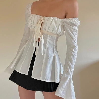 Square collar lace up flare sleeve shirt - Thumbnail 3