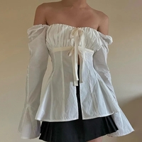 Square Collar Lace Up Flare Sleeve Shirt - Thumbnail 1