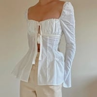 Square Collar Lace Up Flare Sleeve Shirt - Thumbnail 2