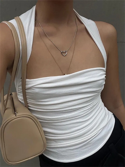 White Pleated Backless Tank Top 
