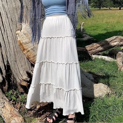 White Pleated Frill Maxi Skirt