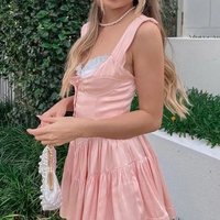 Pink Lace Trim Button Up A-Line Dress - Thumbnail 2