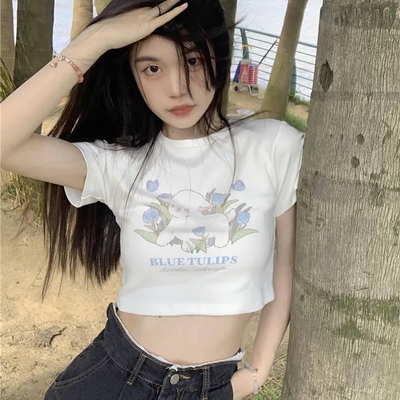 Blue tulip lamb print cropped short sleeve t-shirt  - Thumbnail 2