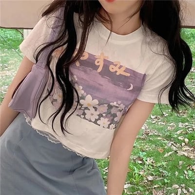 Purple flower aesthetic print short sleeve t-shirt  - Thumbnail 3