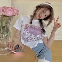 Purple Flower Aesthetic Print Short Sleeve T-shirt  - Thumbnail 5