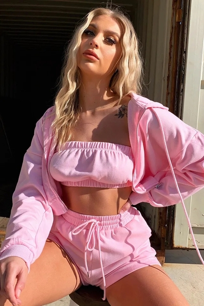 3PCS Pink Tube Top + Jacket + Drawstring Shorts Loungewear Set