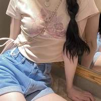 Cat Print Ribbed Short Sleeve T-shirt  - Thumbnail 1