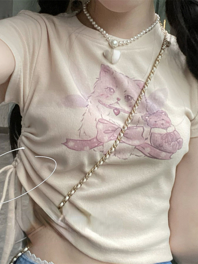 Cat Print Ribbed Short Sleeve T-shirt 