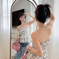 French Black & White Strapless Ruched Tube Top - Thumbnail 2