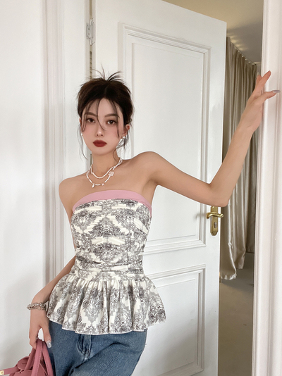 French Black & White Strapless Ruched Tube Top