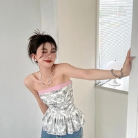 French Black & White Strapless Ruched Tube Top - Thumbnail 1