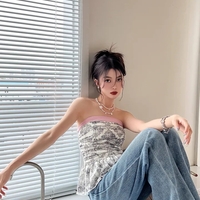 French Black & White Strapless Ruched Tube Top - Thumbnail 3