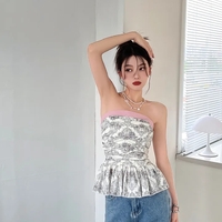 French Black & White Strapless Ruched Tube Top - Thumbnail 4