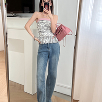 French Black & White Strapless Ruched Tube Top - Thumbnail 6