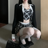 3PCS Plaid Patchwork Camisole + Pleated Skirt + Long Sleeve Shirt  - Thumbnail 1