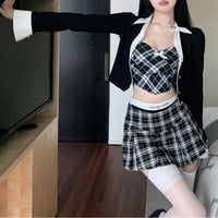 3PCS Plaid Patchwork Camisole + Pleated Skirt + Long Sleeve Shirt  - Thumbnail 3
