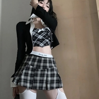 3PCS Plaid Patchwork Camisole + Pleated Skirt + Long Sleeve Shirt  - Thumbnail 4