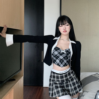 3PCS Plaid Patchwork Camisole + Pleated Skirt + Long Sleeve Shirt  - Thumbnail 7