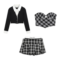 3PCS Plaid Patchwork Camisole + Pleated Skirt + Long Sleeve Shirt  - Thumbnail 8