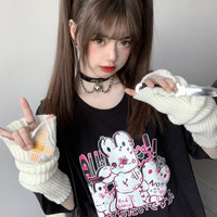 Don't Hit the Bunny Rabbit Black White Streetwear E-girl Grunge Japanese Y2K Print Cotton Short Sleeved Oversize T-shirt Tees Top - Thumbnail 3