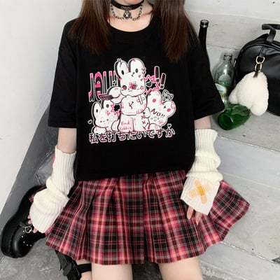 Don't hit the bunny rabbit black white streetwear e-girl grunge japanese y2k print cotton short sleeved oversize t-shirt tees top