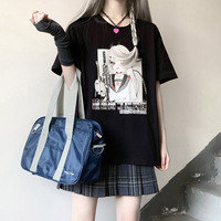 Angel Gunslinger Girl Black White Streetwear E-girl Grunge Japanese Y2K Print Cotton Short Sleeved Oversize T-shirt Tees Top - Thumbnail 3