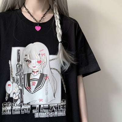 Angel gunslinger girl black white streetwear e-girl grunge japanese y2k print cotton short sleeved oversize t-shirt tees top