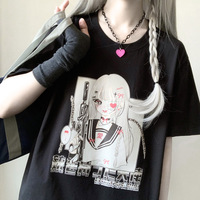 Angel Gunslinger Girl Black White Streetwear E-girl Grunge Japanese Y2K Print Cotton Short Sleeved Oversize T-shirt Tees Top - Thumbnail 1