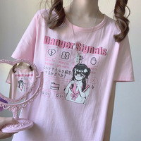Danger Signals Pink Anime Streetwear E-girl Grunge Japanese Y2K Print Cotton Short Sleeved Oversize T-shirt Tees Top - Thumbnail 1
