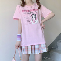 Danger Signals Pink Anime Streetwear E-girl Grunge Japanese Y2K Print Cotton Short Sleeved Oversize T-shirt Tees Top - Thumbnail 4