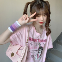 Danger Signals Pink Anime Streetwear E-girl Grunge Japanese Y2K Print Cotton Short Sleeved Oversize T-shirt Tees Top - Thumbnail 9