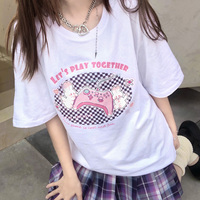 Let's Play Together Bunny Rabbit Gamer Black White Streetwear E-girl Grunge Japanese Y2K Print Cotton Short Sleeved Oversize T-shirt Tees Top - Thumbnail 3