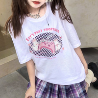 Let's Play Together Bunny Rabbit Gamer Black White Streetwear E-girl Grunge Japanese Y2K Print Cotton Short Sleeved Oversize T-shirt Tees Top - Thumbnail 2
