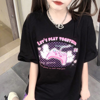 Let's Play Together Bunny Rabbit Gamer Black White Streetwear E-girl Grunge Japanese Y2K Print Cotton Short Sleeved Oversize T-shirt Tees Top - Thumbnail 7