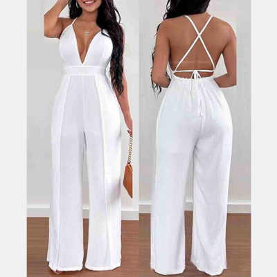 Women's low neck sexy v-neck jumpsuit - Thumbnail 1