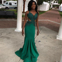 Halter Prom Dresses Green with Lace appliques - Thumbnail 1