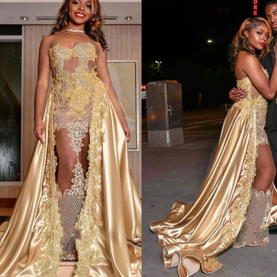 Gold Prom Dresses with Lace Appliques