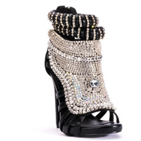 Silver Rhinestones Thin Heel Short Gladiator Boots Peep Toe Crystals Diamonds Decorated Stiletto Heel Cut-out Ankle Booties - Thumbnail 3