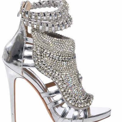 Silver rhinestones thin heel short gladiator boots peep toe crystals diamonds decorated stiletto heel cut-out ankle booties