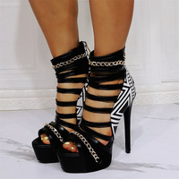 Lady Sexy Hollow Out Chains Platform Sandals Shoes Fashion Peep Toe Stiletto Heel Mixed Color Gladiator Sandals Real Photos Heel - Thumbnail 1