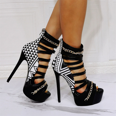 Lady Sexy Hollow Out Chains Platform Sandals Shoes Fashion Peep Toe Stiletto Heel Mixed Color Gladiator Sandals Real Photos Heel