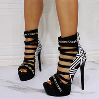 Lady Sexy Hollow Out Chains Platform Sandals Shoes Fashion Peep Toe Stiletto Heel Mixed Color Gladiator Sandals Real Photos Heel - Thumbnail 3