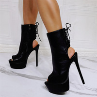 Women Sexy Sandals Black PU Leather Open Toe Stiletto Heel Sexy High Heel Booties - Thumbnail 1