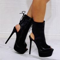 Women Sexy Sandals Black PU Leather Open Toe Stiletto Heel Sexy High Heel Booties - Thumbnail 4