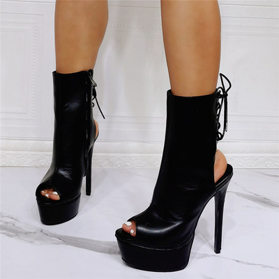 Women sexy sandals black pu leather open toe stiletto heel sexy high heel booties