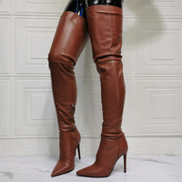 Sexy Over The Knee Long Boots Thigh High Heels Pointed Toe Zipper Stiletto Heels Brown Autumn Winter Women Long Boots - Thumbnail 3