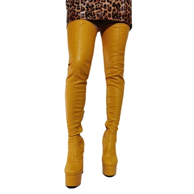 Over The Knee High Platform Boots Chunky Heel Leather Yellow Boots