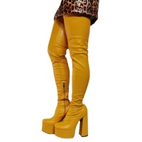 Over The Knee High Platform Boots Chunky Heel Leather Yellow Boots - Thumbnail 1