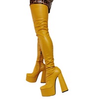 Over The Knee High Platform Boots Chunky Heel Leather Yellow Boots - Thumbnail 2