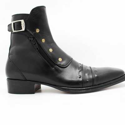 Handmade black leather ankle high combat buckle boot with zipper and button